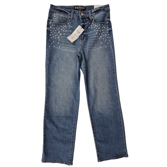 NWT Blue Revival Recycled Denim Teresa Crystal Studs Straight Ankle Jean 28x27 - Picture 1 of 9